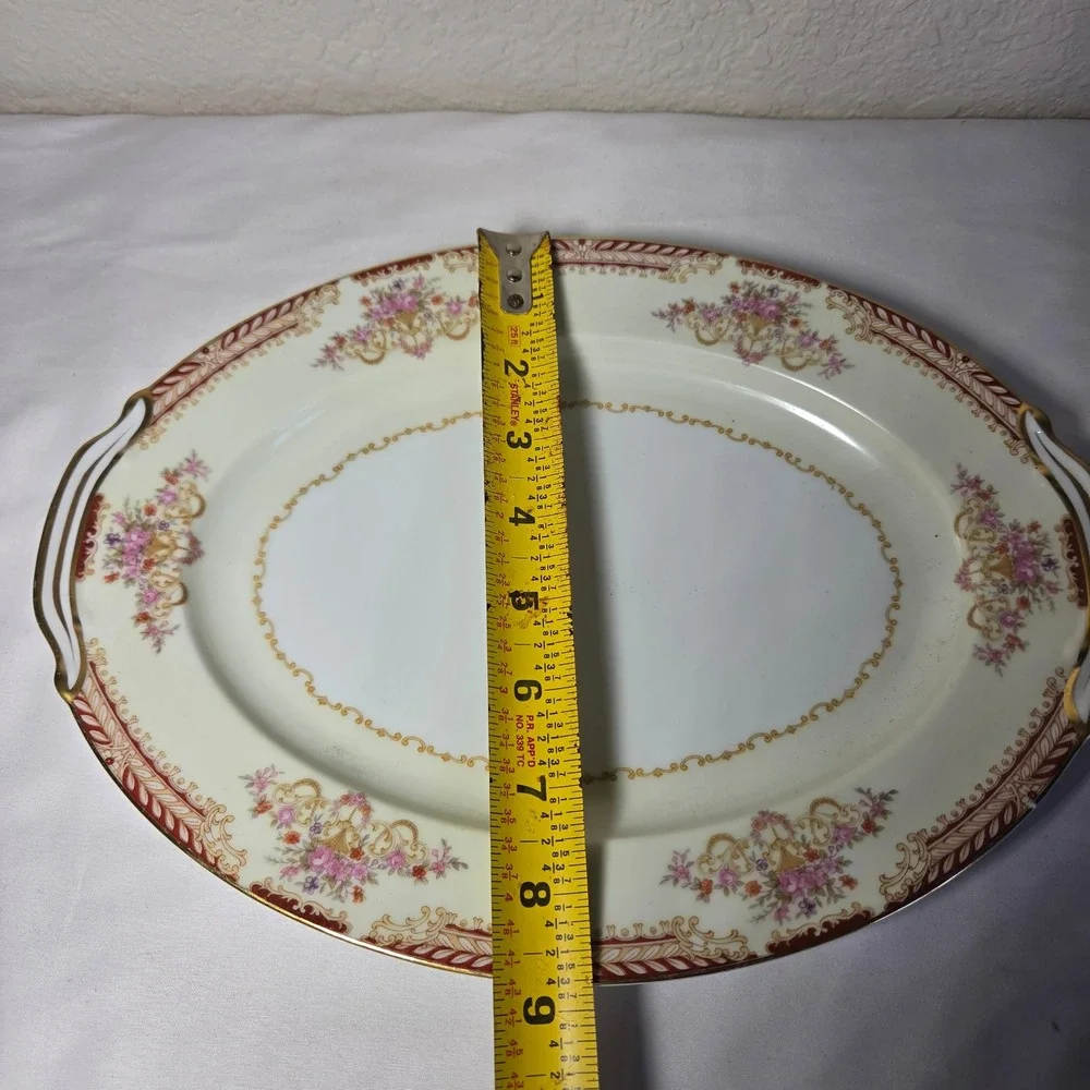 Noritake Vintage Oval Serving Platter Floral Gold Trim Burgundy Border Japan 12